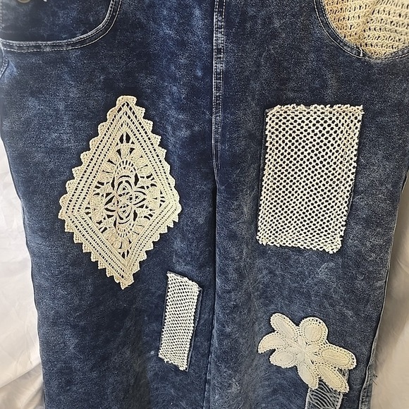 POL Denim Dark Wash Overalls Wide Leg Crochet Patchwork Size S NWT Boho - Picture 5 of 16